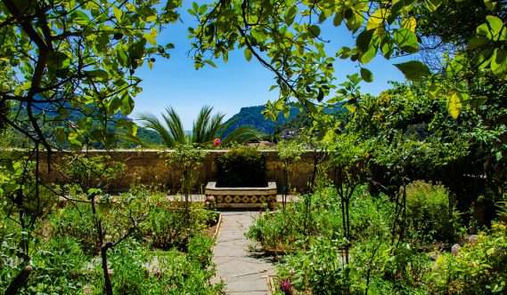 A stone pathway leads through a lush green garden with trees and plants, ending at a tiled structure, with mountains and clear blue sky in the background.
