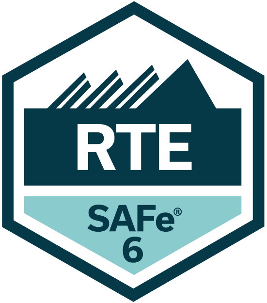 A hexagonal badge with "RTE" in bold white letters, "SAFe 6" below, and a geometric mountain design at the top.