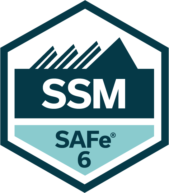 Cert Mark-SSM-150 Hexagonal badge with "SSM" in bold letters, "SAFe 6" below, and a stylized mountain graphic at the top, representing a SAFe Scrum Master 6 certification.