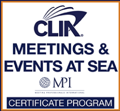 CLIA Meetings &amp; Events at Sea certificate program logo with MPI (Meeting Professionals International) branding.
