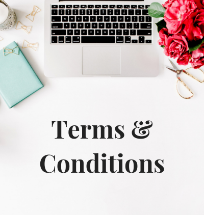A laptop, flowers, stationery, and scissors on a white desk with the text "Terms &amp; Conditions" in bold letters.