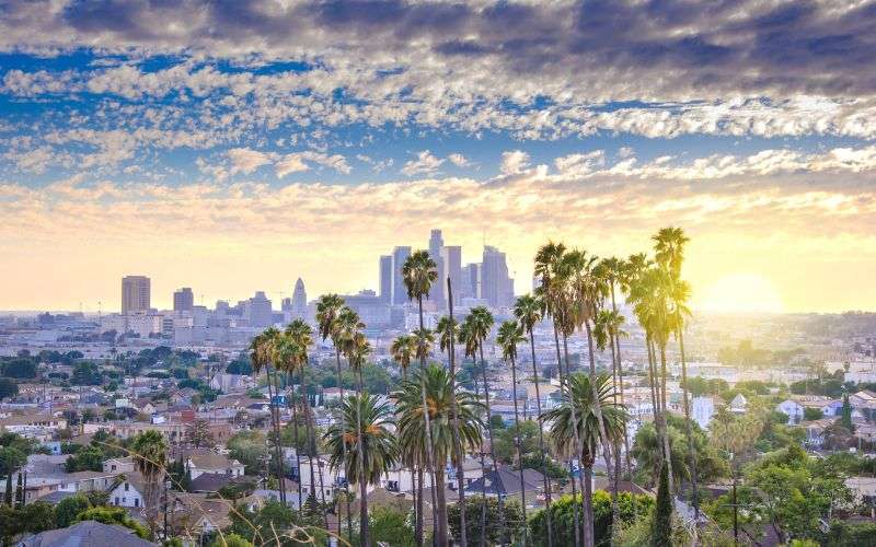 Cityscape of Los Angeles at sunrise with palm trees in the foreground, downtown skyscrapers in the distance, and a partly cloudy sky above.