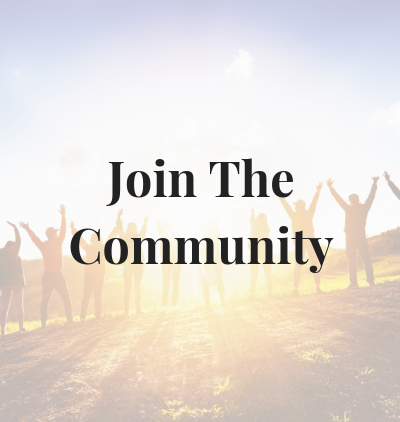 Silhouettes of people standing outdoors with raised arms at sunrise, with the text "Join The Community" in the center.
