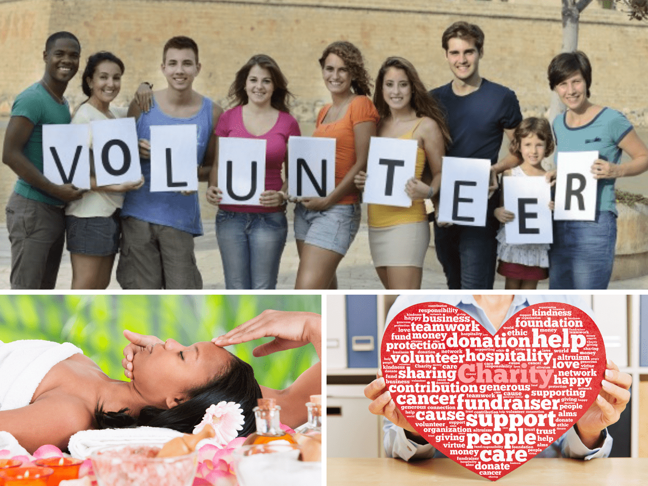 A group of people hold "VOLUNTEER" signs, a woman receives a spa treatment, and a heart-shaped collage displays charity-related words.