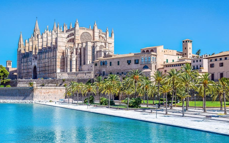 A large Gothic-style cathedral stands behind palm trees and historic buildings on a bright day, next to a calm body of water.