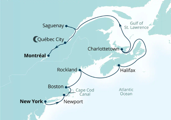 Map showing a cruise route from New York to Montr&eacute;al, with stops in Newport, Boston, Rockland, Halifax, Charlottetown, Saguenay, and Qu&eacute;bec City.