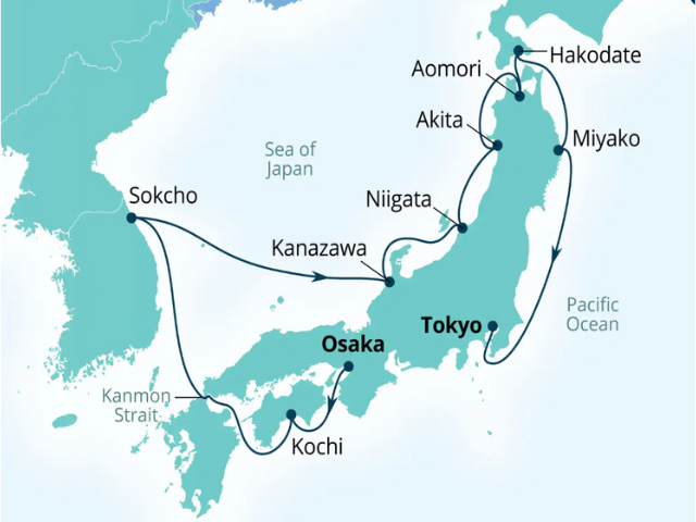 A map showing a cruise route around Japan and South Korea, with stops at cities including Osaka, Tokyo, Kanazawa, Aomori, Niigata, Hakodate, Miyako, Akita, Kochi, and Sokcho.
