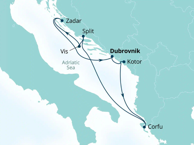 A map showing a cruise route on the Adriatic Sea connecting Zadar, Split, Vis, Dubrovnik, Kotor, and Corfu with directional arrows between each port.