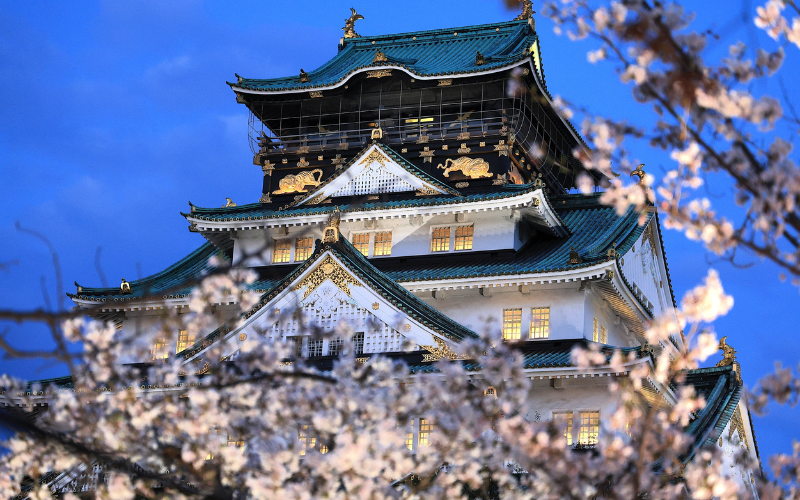 A traditional Japanese castle with white walls, green roofs, and gold accents is seen at dusk behind blooming cherry blossoms.